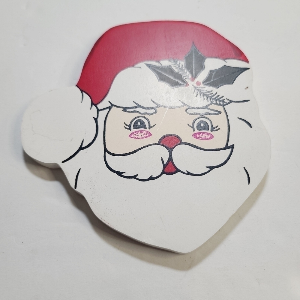 Vintage Handmade Painted Wood Santa Head Face Christmas Decor